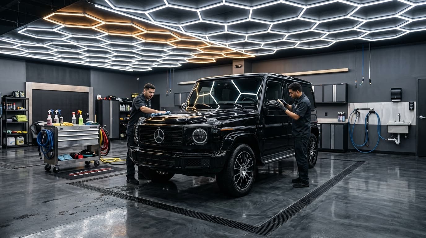 A modern professional carwash detailing studio with wash bays and detailing lighting