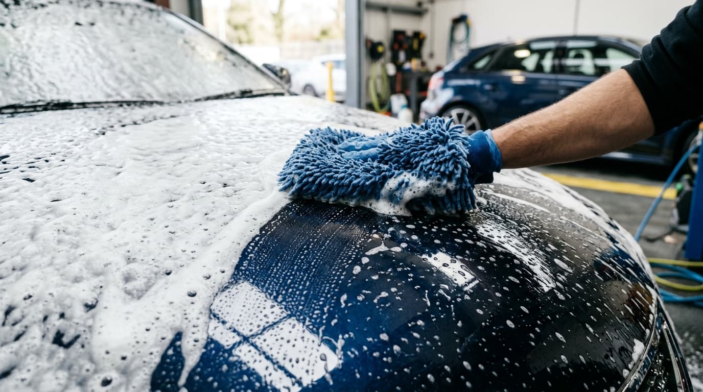 Hand washing vehicle with microfiber foam cannon mitt