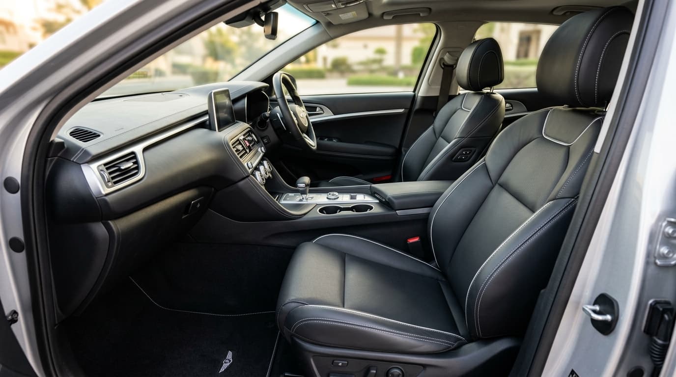 Detailed car interior showing clean leather seats and dashboard