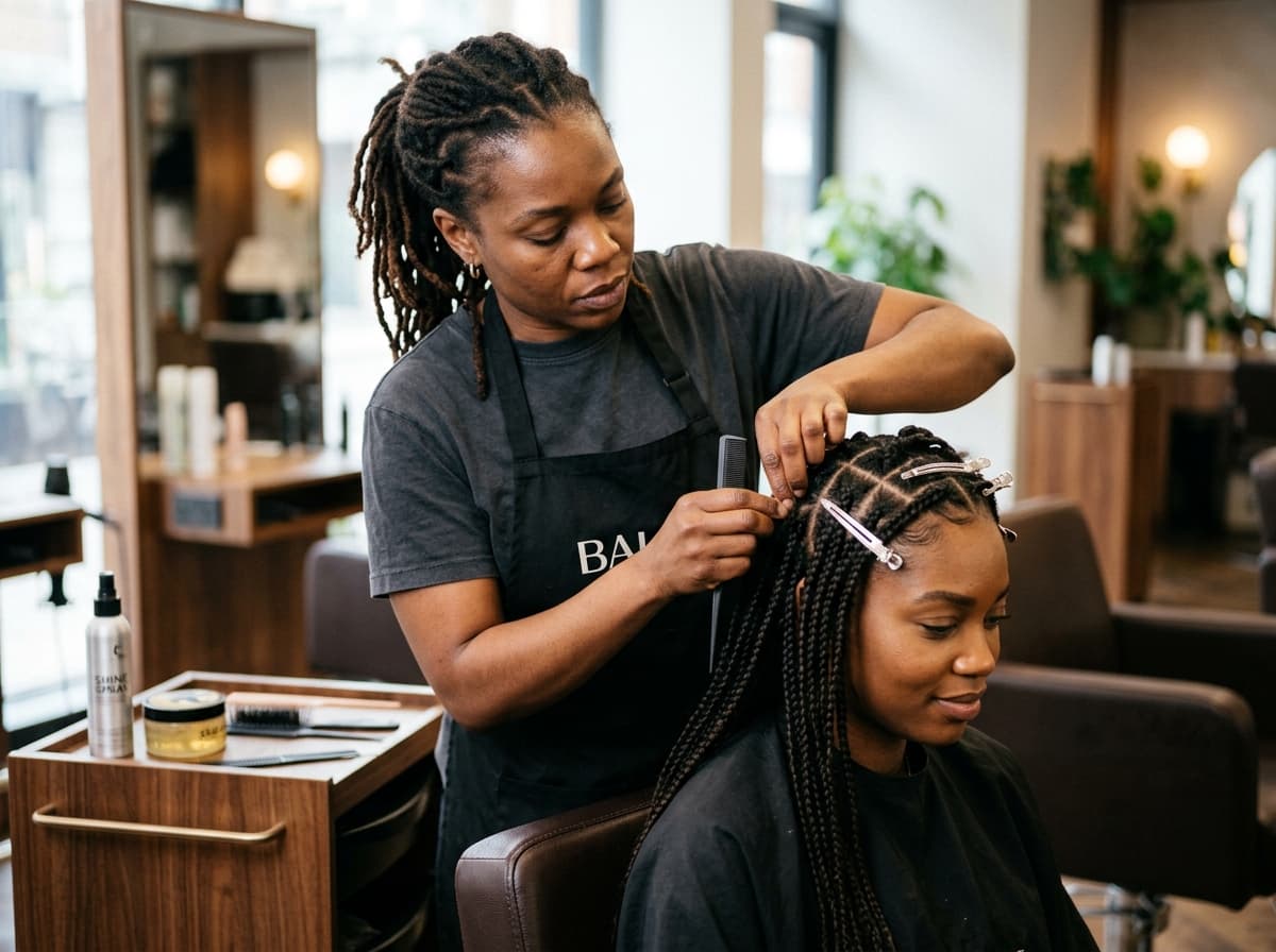 Stylist meticulously braiding hair for client in modern salon chair