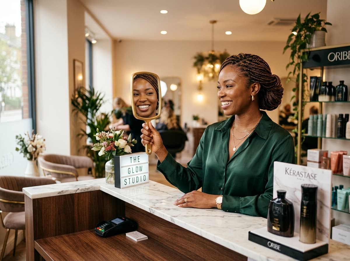 A radiant woman admiring her gorgeous freshly styled hair at salon checkout reception