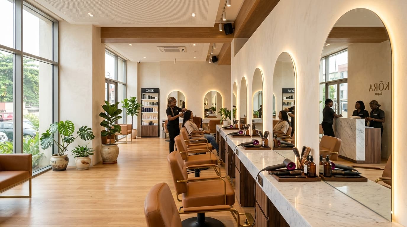 A modern luxury hair salon and styling studio with chairs and mirrors