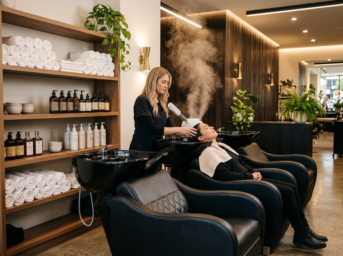 Luxury hair wash station and scalp spa treatment area in a modern salon